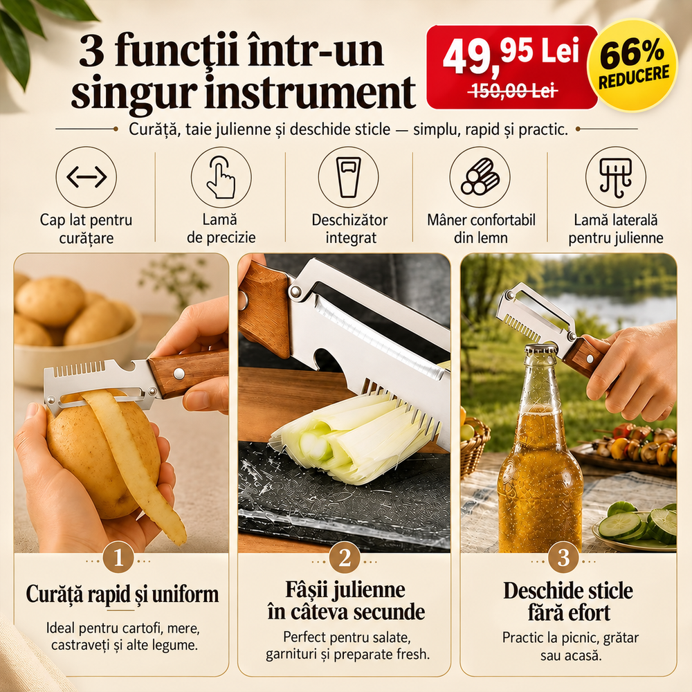Curatator de Legume Multifunctional cu Maner de Lemn