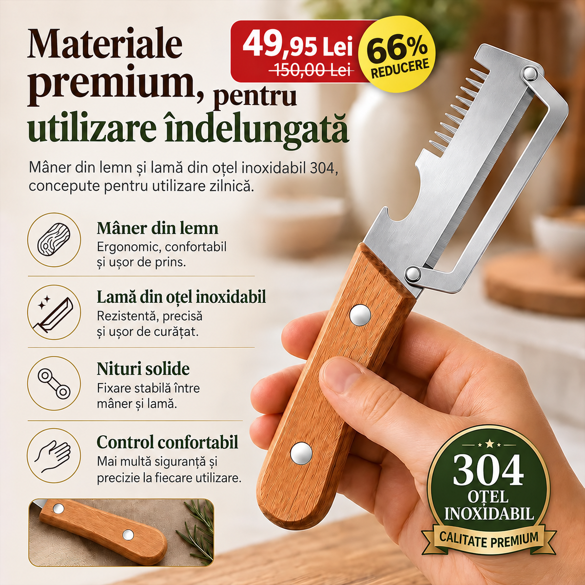 Curatator de Legume Multifunctional cu Maner de Lemn